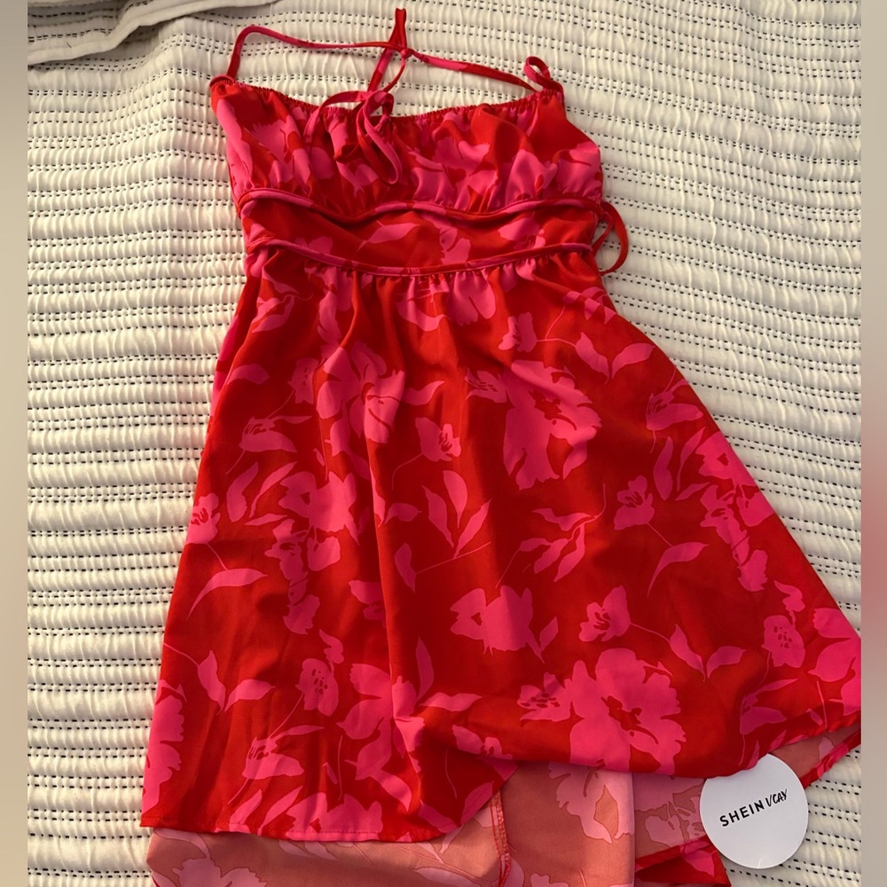 SHEIN Brand New Vibrant Floral Red and Pink Dress